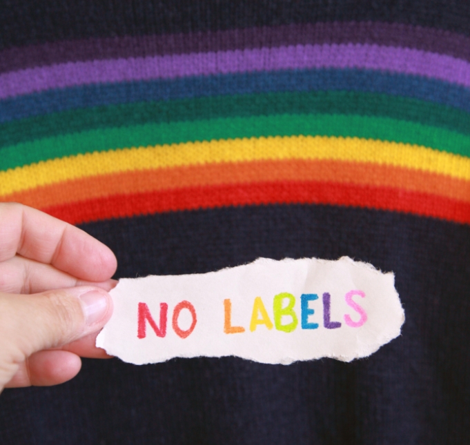 a "no labels" card on a rainbow background